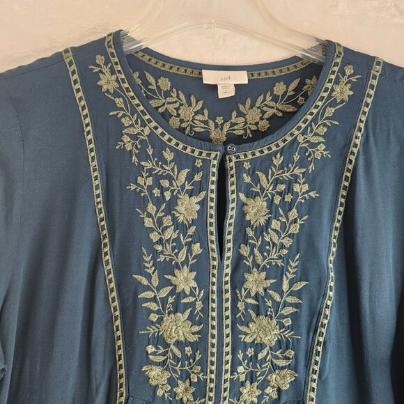 J. Jill Women Blue Tunic Top Floral Embroidery Boho Peasant Tall L Blouse - Picture 7 of 13